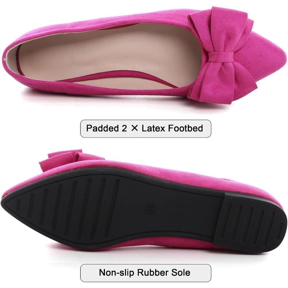Women's Rose Pink Bowknot Ballet Flats Pointy Toe Casual Flat Shoes Suede - Picture 5 of 7